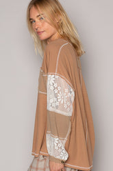 POL V-Neck Lace Balloon Sleeve Exposed Seam Top OutfitFlow